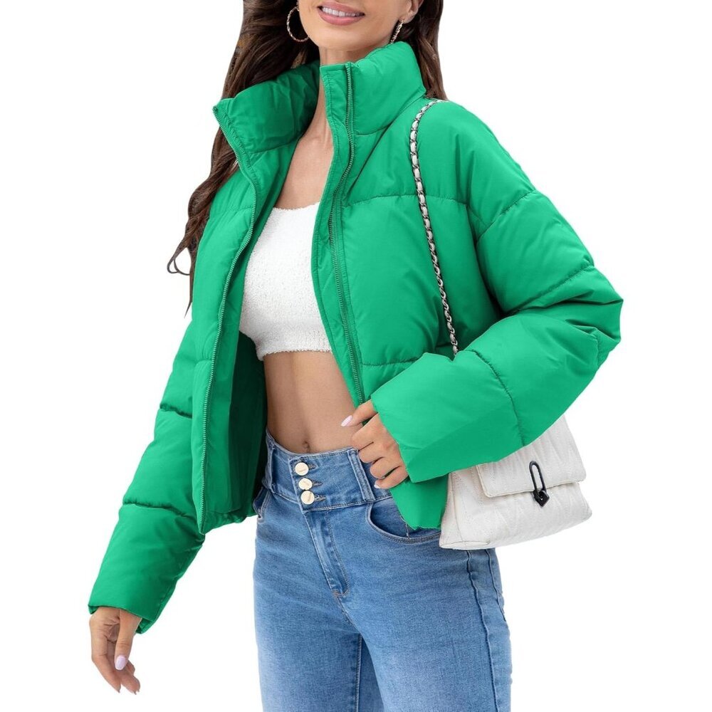 〽️Women's Green WHN Cropped Quilted Puffer Jacket Winter Warm Full Zip Coat